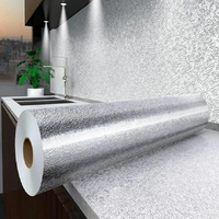 Adhésif Plan de Travail avec des Motifs et une Feuille d'Aluminium installé dans une cuisine avec un évier et une plante verte dans le fond