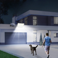 Éclairage Extérieur Solaire LED avec Capteur de Mouvement et Télécommande au desuss d'un garage éclairant un homme avec son chien