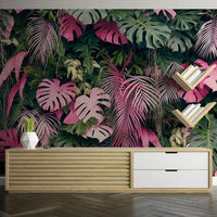 Trompe l'Oeil Mural au Design de Plantes Vertes et Roses sur un mur avec un meuble et une plante