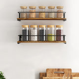 Lot de deux rangements pour épices fixés au mur avec des bocaux transparents et couvercles en bois