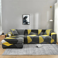 Housse Canapé d'Angle Moderne avec Formes Géométriques en Polyester sur fond gris avec un tableau