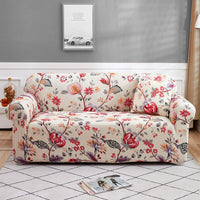 Housse de Canapé Extensible avec Imprimé Floral en Polyester sur fond gris avec un tableau et un magazine au sol