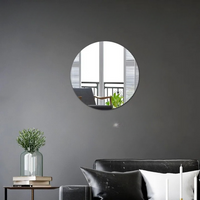 Miroir Adhésif Rond et Flexible en Acrylique sur un fond gris avec des coussins sur un canapé et une plante verte sur un meuble avec des livres