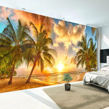 Revêtement Mural avec Design de Coucher de Soleil sur une Plage dans une chambre avec un lit à droite
