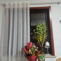 Rideau Fenêtre Blanc et Transparent en Coton et Lin sur une tringle devant une fenêtre avec un bouquet de fleurs et une plante en bas