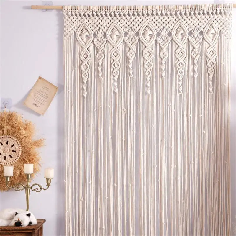 Rideau En Macramé Art Déco - 200x230 Cm - Coton Blanc - Fait Main En France - Style Bohème