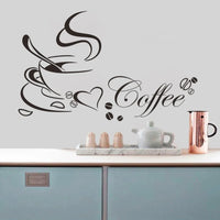 Sticker Cuisine avec une Tasse de Café un Cœur et Inscription Coffee collé sur un mur avec des placard bleus en dessous et un plateau avec une théière 